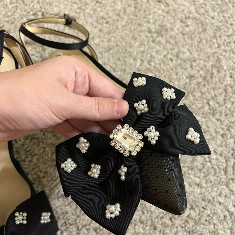 Betsey Johnson Mark Bow Stiletto Heel Pumps Mesh Rhinestone Ankle Strap Size 9.5